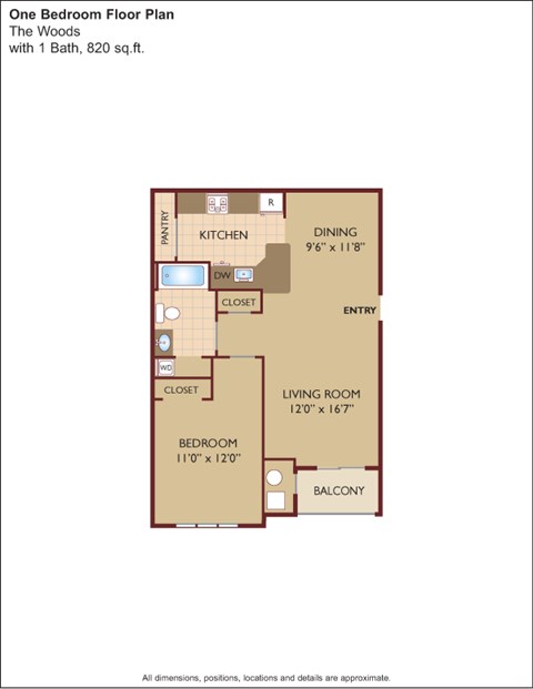 Floor plan for 1 bed, 1 bath, 820 sqft